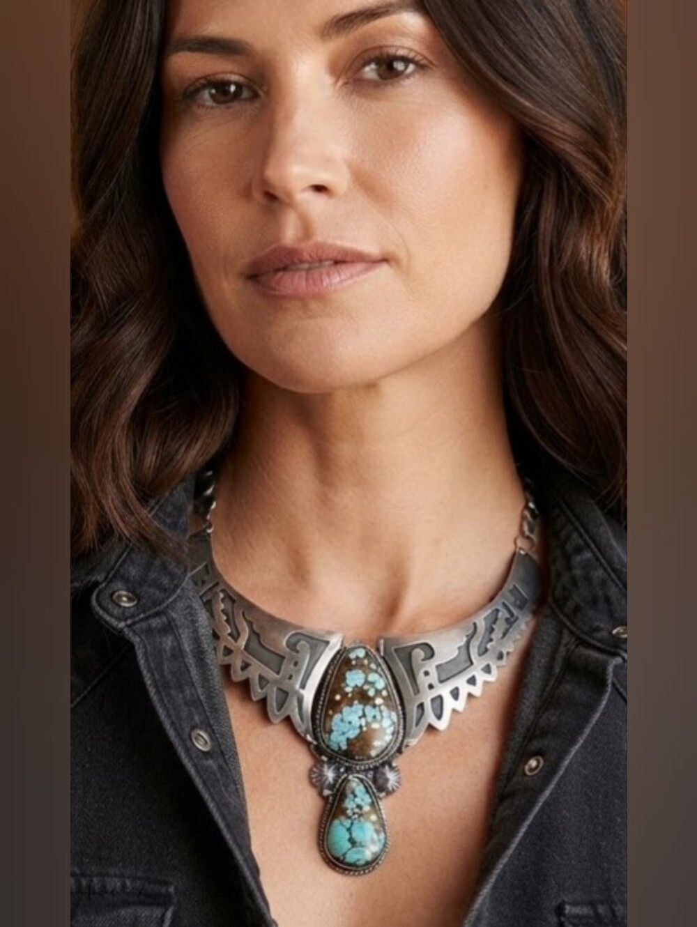 Sterling Silver Hopi-style Overlay Choker with Double Turquoise Pendant